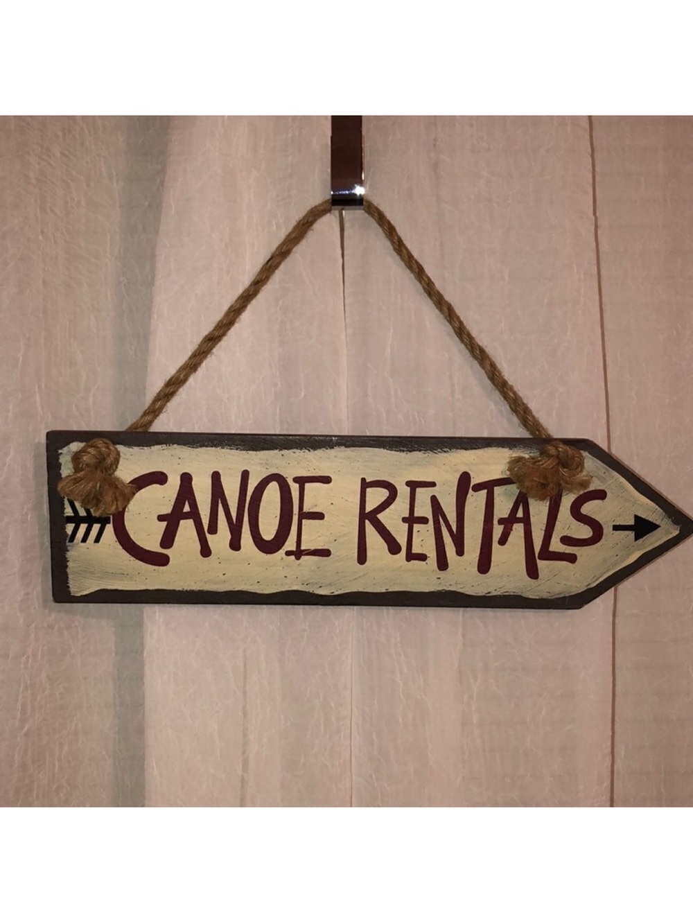 Hand Painted Hanging on Twisted Burlap “Canoe Rentals” Arrow Sign